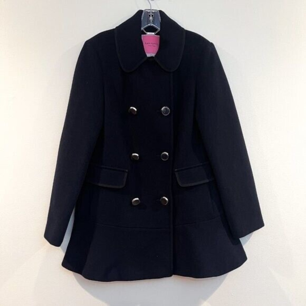 Kate Spade Wool Blend Navy Military Long Ruffled Collared Preppy Trench